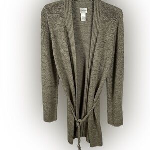 Chico’s Open Front Belted Long Cardigan Sweater Silver Accents Taupe 1/M(8)